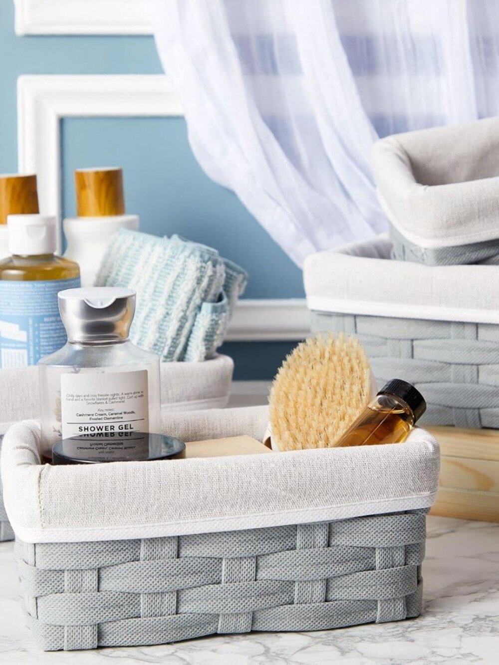 Wicker Nesting Baskets with Cloth Lining - 5-Pack Gray Rectangular Set - Stackab - Picture 2 of 10